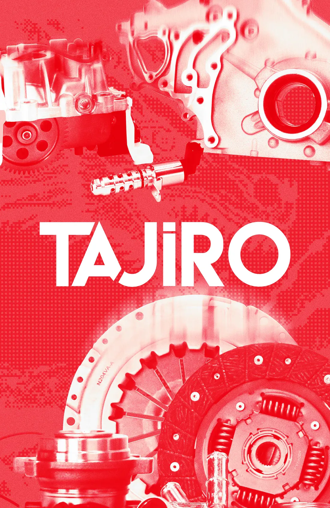 Composición de piezas TAJIRO —tapa de distribución, bomba de aceite, kit de embrague, filtros y mangueras— en tono rojo, con el logotipo TAJIRO al centro.